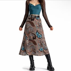 Y2K DRESSBARN Brown Paisley Sheer Overlay Midi Skirt Whimsigoth Fairy Boho Sz M